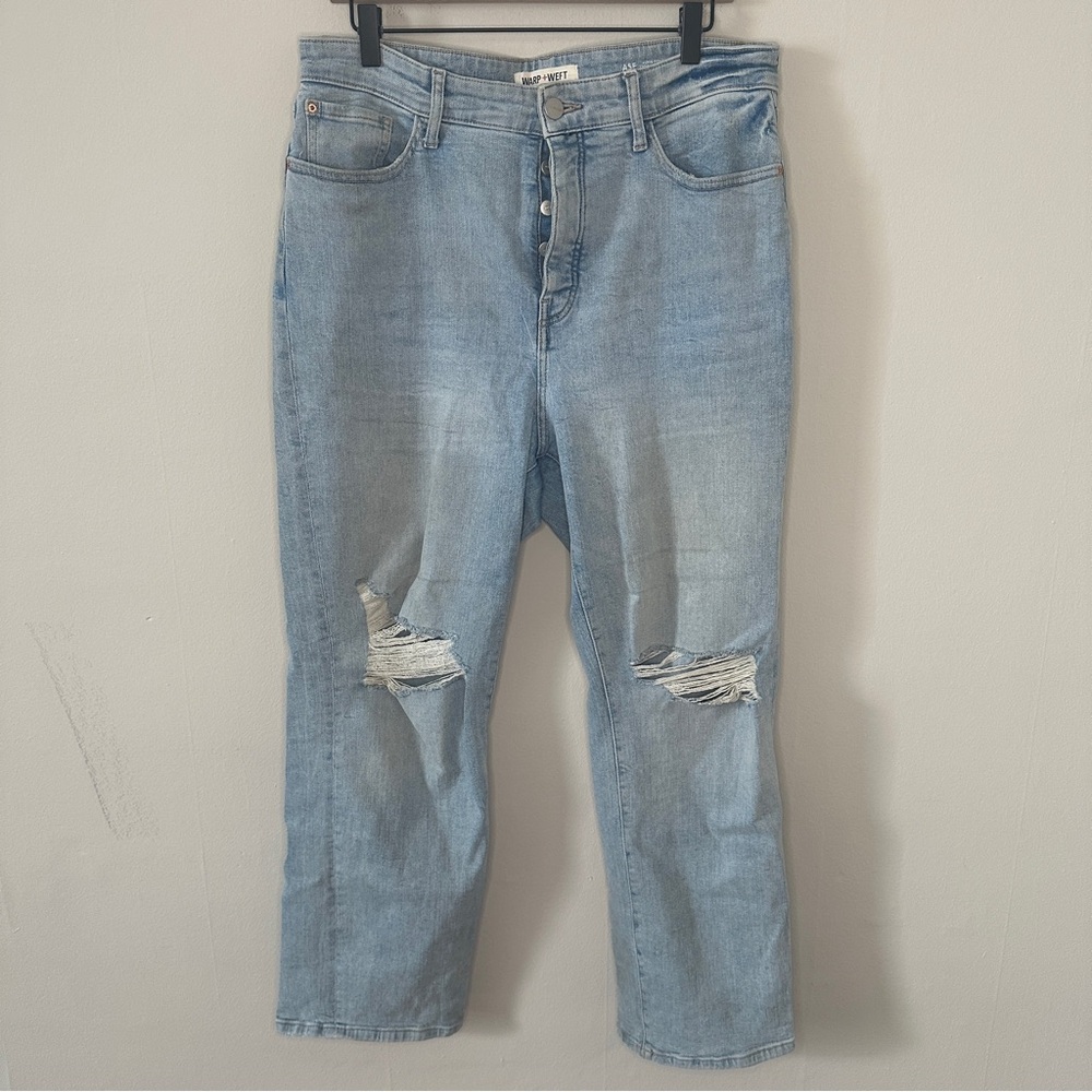 Warp + Weft Aspen Pitkim Crop Straight, distressed denim, light wash, size 14